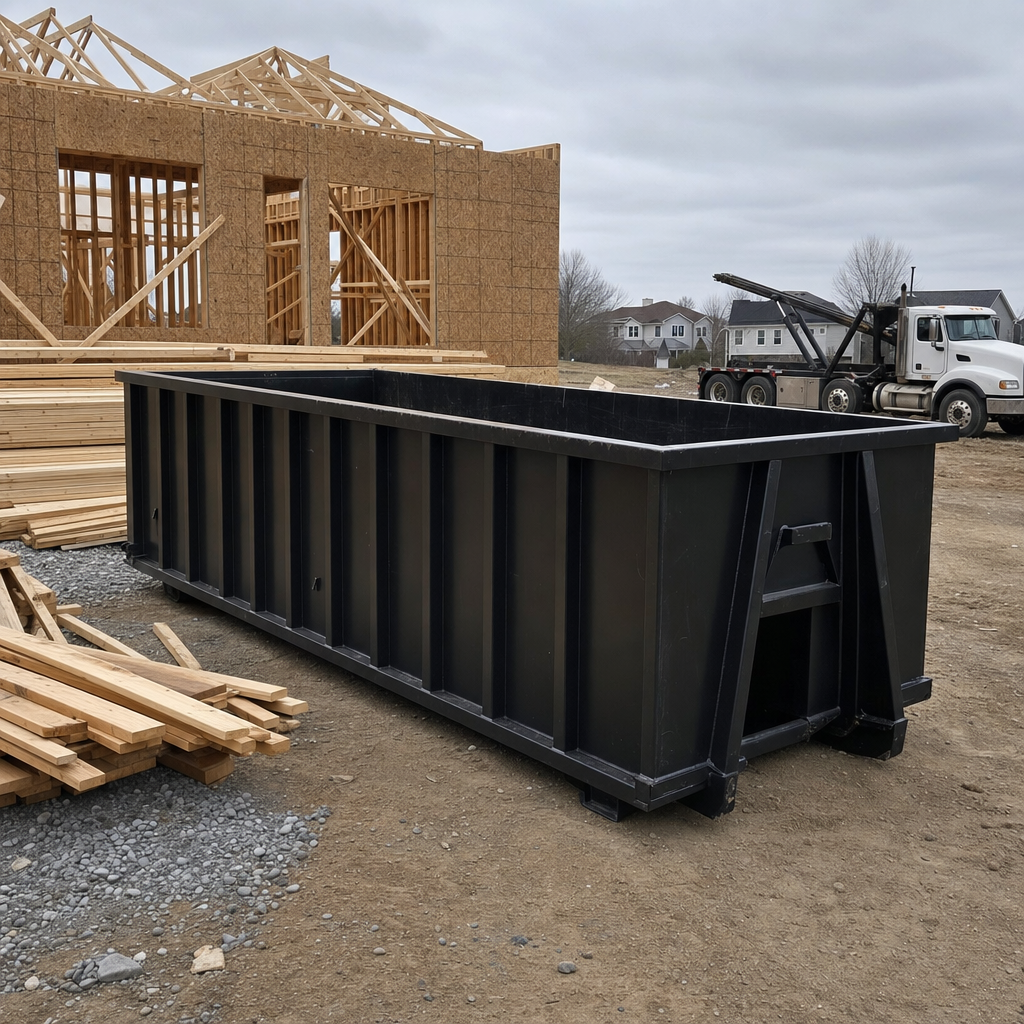 Matte-black 40-yard roll-off dumpster staged on a framed-out residential construction site in Kalamazoo, framing lumber stacked nearby, hooklift delivery truck visible in the background under bright Colorado daylight
