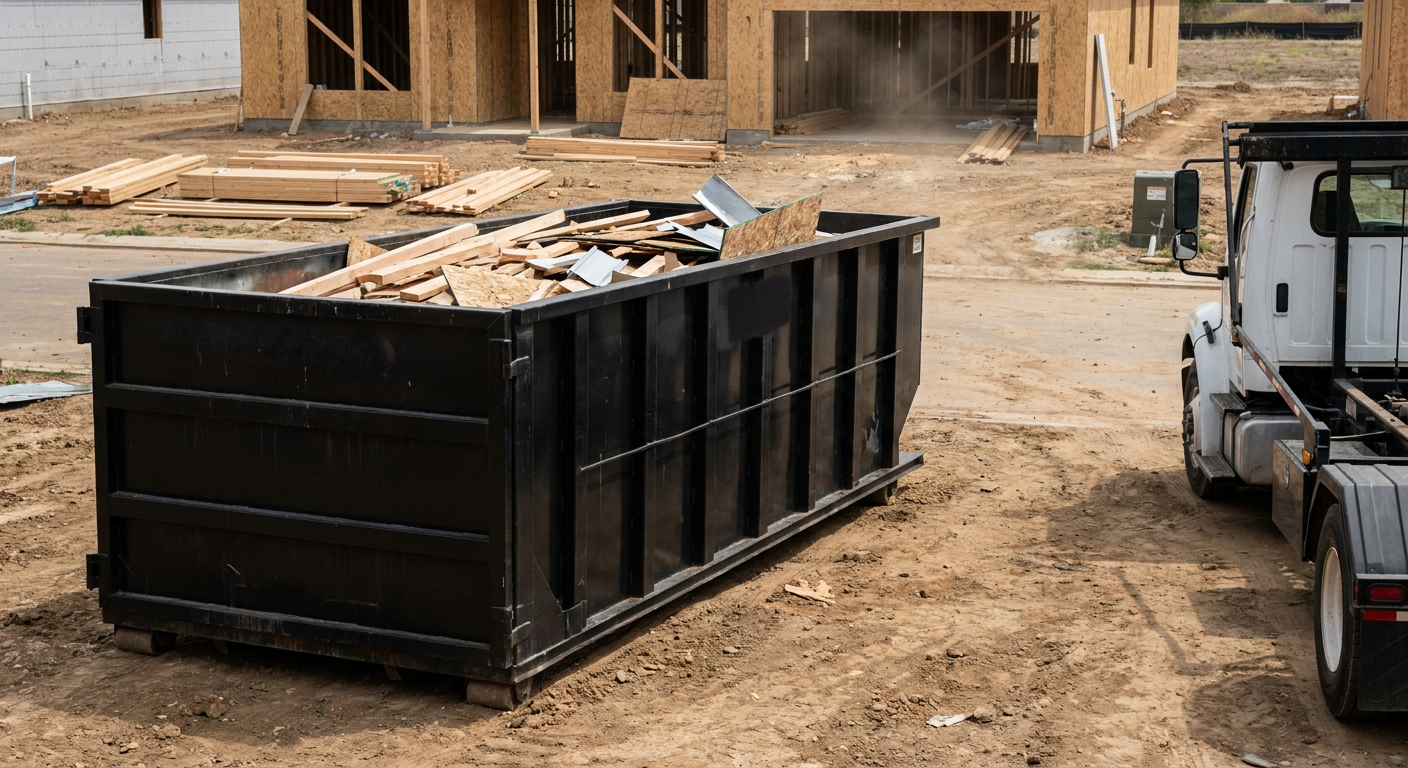 Matte-black 20-yard roll-off construction dumpster with heavy ribbed steel sidewalls and swing rear doors at a working jobsite in Kalamazoo, sitting directly on compacted dirt with an unmarked white hauler partially visible at the far edge of the frame.