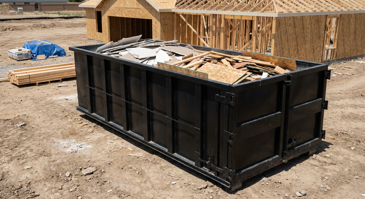 Matte-black 30-yard roll-off construction dumpster sitting directly on the compacted-dirt site of a framed single-family home build in Kalamazoo, drywall and lumber scrap loaded inside.