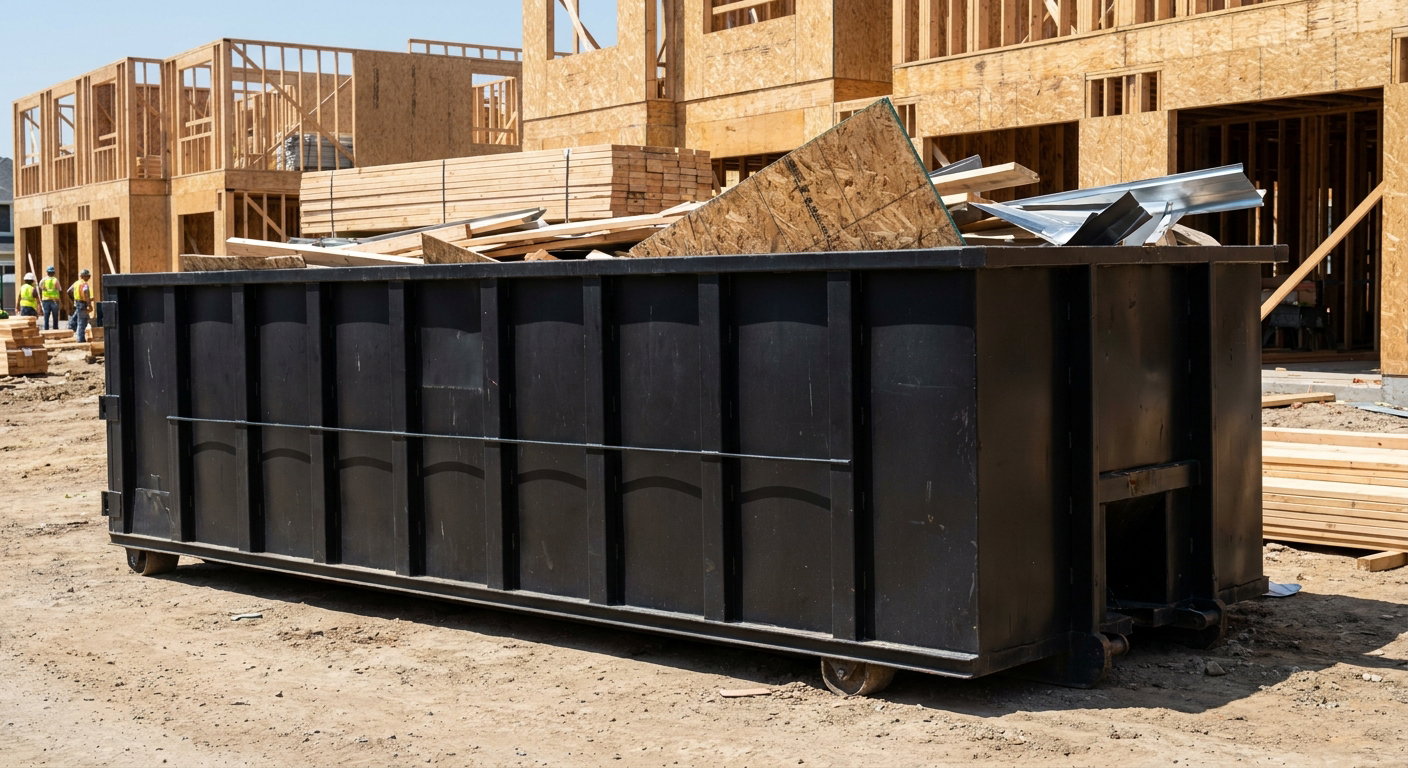 Matte-black 40-yard roll-off construction dumpster being lowered from a white-cab hooklift delivery truck onto the compacted-dirt jobsite at a commercial build site in Kalamazoo