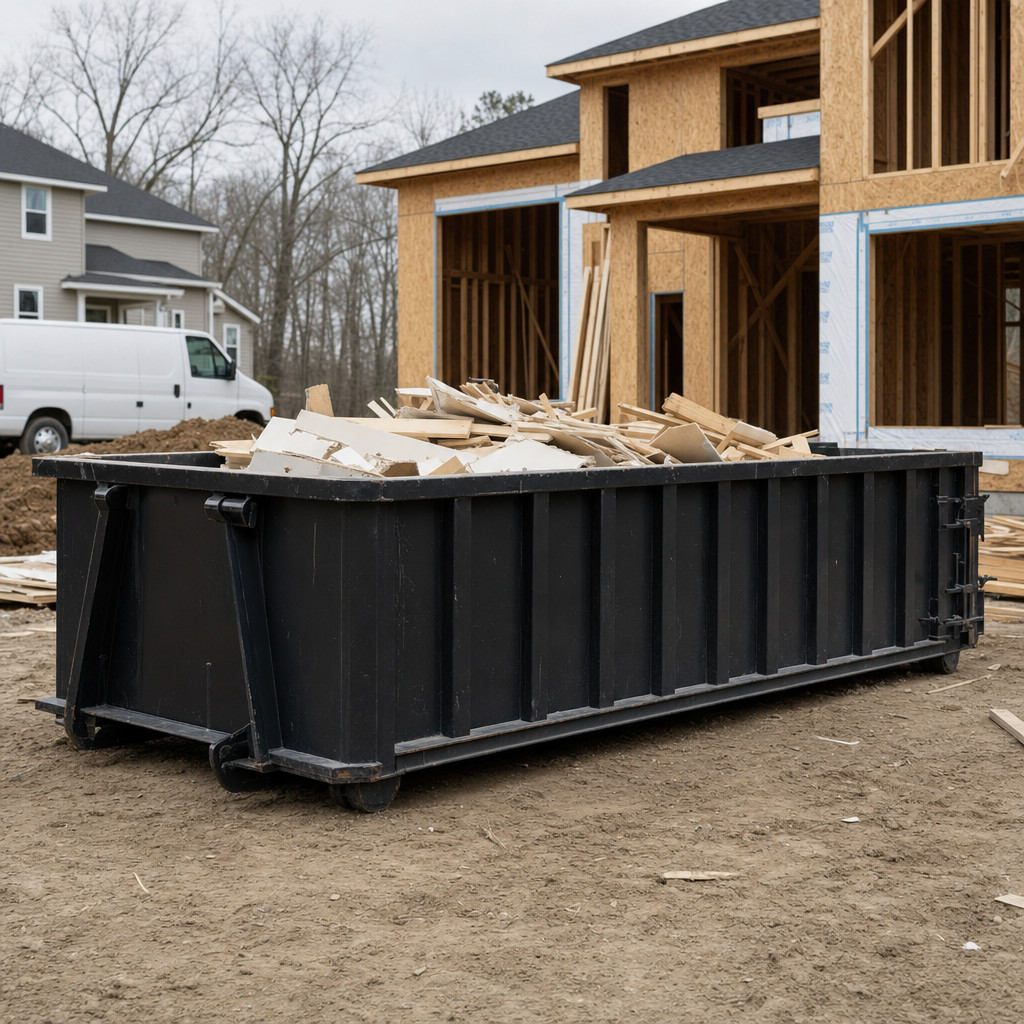 Worker in a yellow high-visibility vest tossing framing lumber and broken drywall into a matte-black 30-yard construction roll-off dumpster on an active build site in Kalamazoo, bright daylight