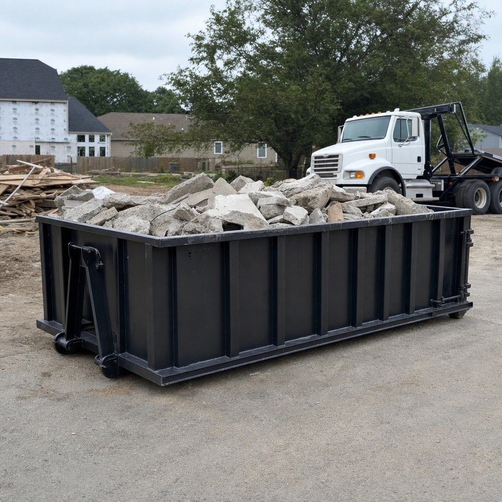Low-profile matte-black lowboy roll-off dumpster loaded with broken concrete slab and rebar at a foundation tear-out in Kalamazoo, skid steer parked beside it, sunny Colorado morning