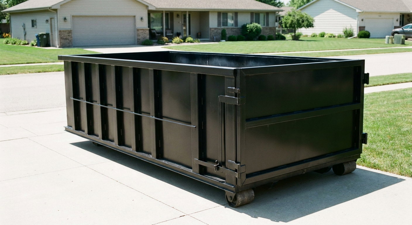 Matte-black 10-yard roll-off dumpster on a residential concrete driveway in Kalamazoo, uniformly painted matte black across every panel and rail, ribbed steel sidewalls and rear swing door visible, mid-day daylight.