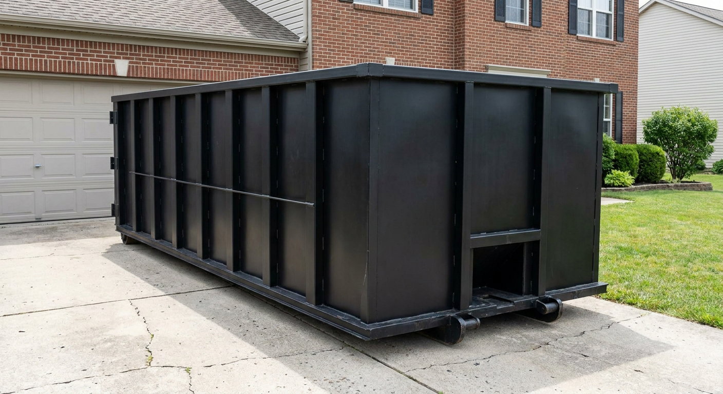 Matte-black 20-yard roll-off container on a Kalamazoo residential concrete driveway with reinforced ribbed steel sidewalls and a hinged rear walk-in door, clean bright daylight.