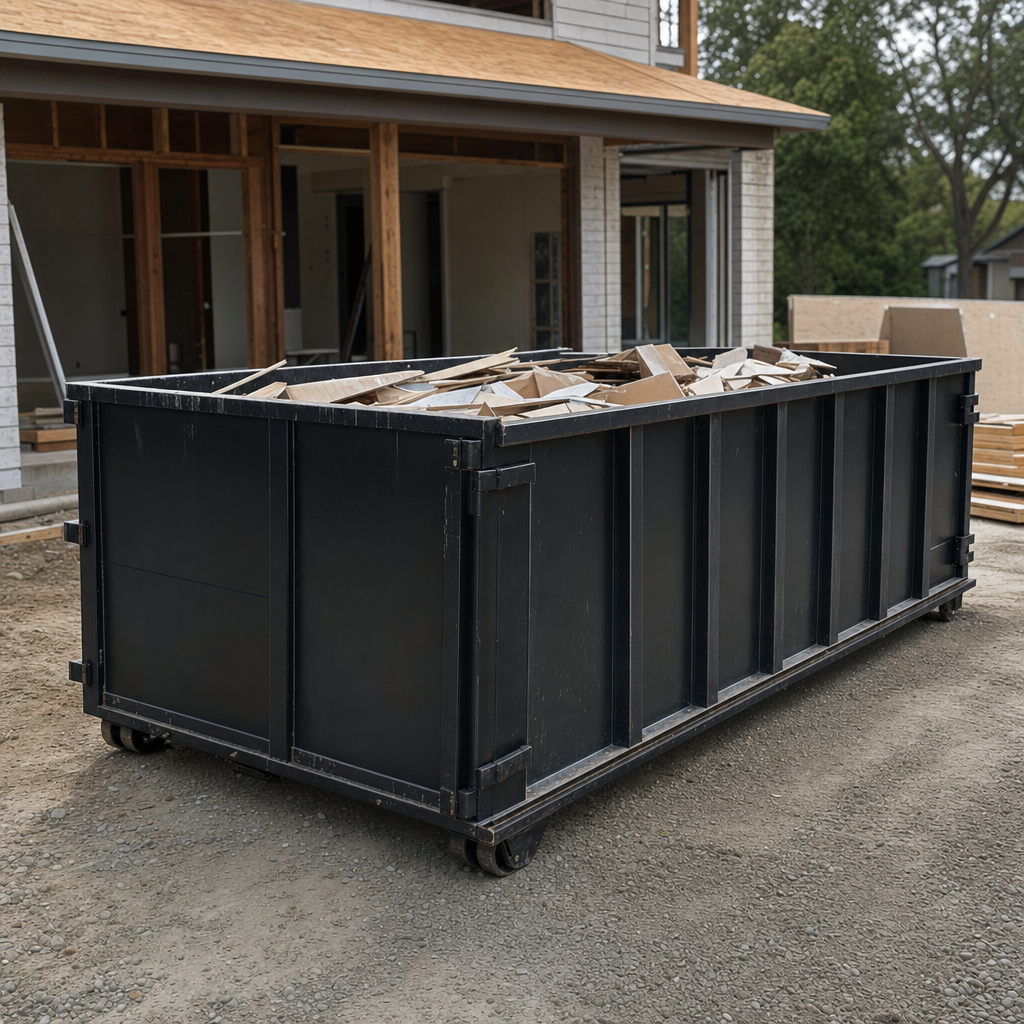 Large matte-black 30-yard construction roll-off dumpster at an active Kalamazoo jobsite, steel-gray top rails and bottom rollers visible, loaded with construction debris.