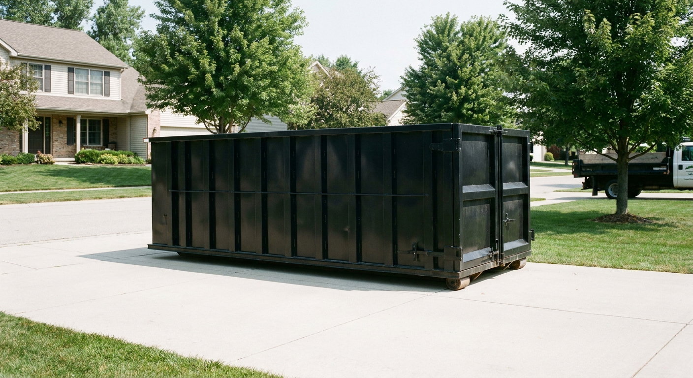 Matte-black 20-yard roll-off dumpster sitting level on a clean Kalamazoo residential concrete driveway under bright daylight, demonstrating clean placement directly on the concrete.