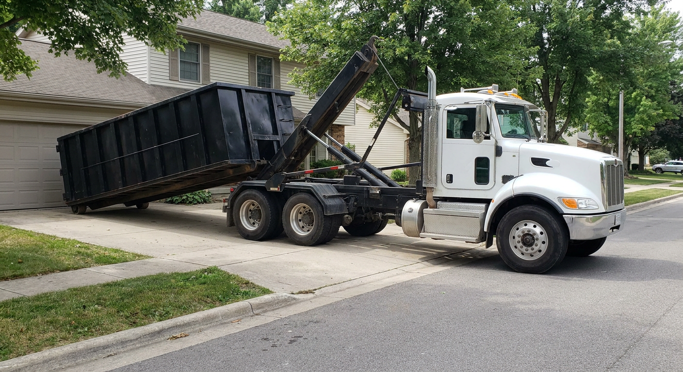 White-cab hooklift roll-off truck actively lowering a matte-black dumpster onto a Kalamazoo residential concrete driveway, the dumpster's rear wheels touching the driveway as the hoist arm tilts the bed forward, mid-morning daylight.
