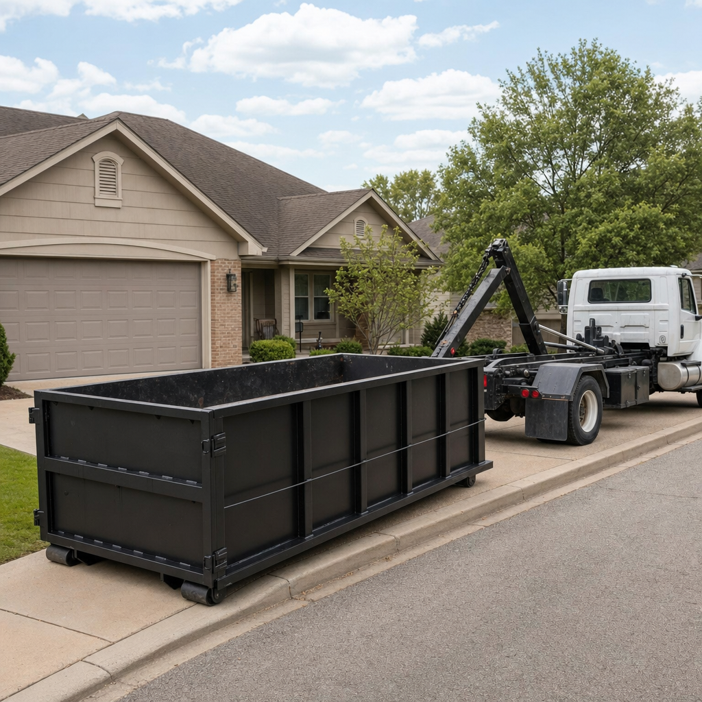 Wide documentary shot of a matte-black roll-off dumpster on a Kalamazoo residential driveway in the foreground and a contractor jobsite container in the soft-focus background, bright daylight, calm and orderly composition.