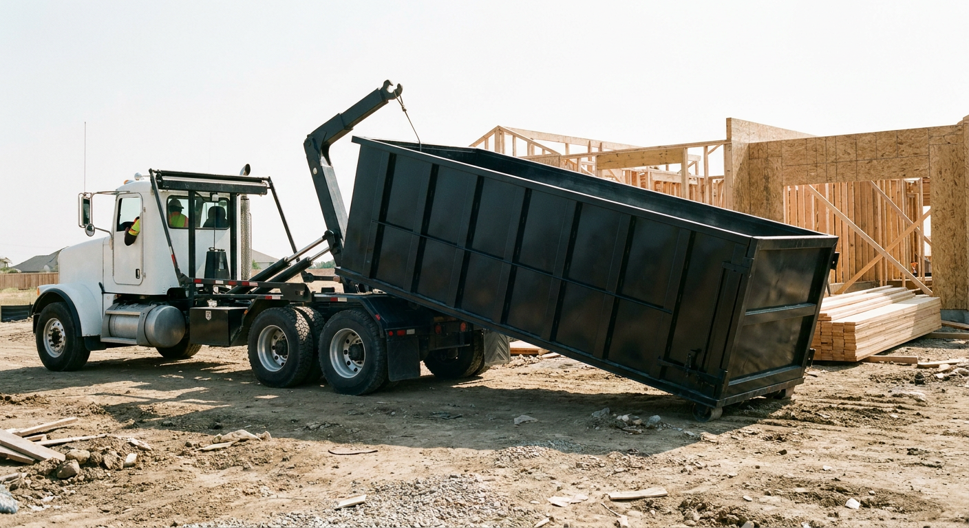 Matte-black roll-off dumpster being delivered onto a clean residential concrete driveway in Kalamazoo by an unmarked white hooklift hauler truck, bright morning daylight, documentary 35mm perspective.