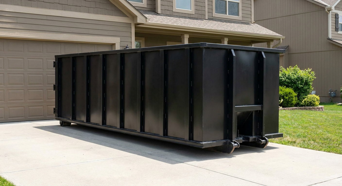 Matte-black residential roll-off dumpster sitting directly on a suburban Kalamazoo concrete driveway, garage door closed, single-family home in background, bright morning daylight.
