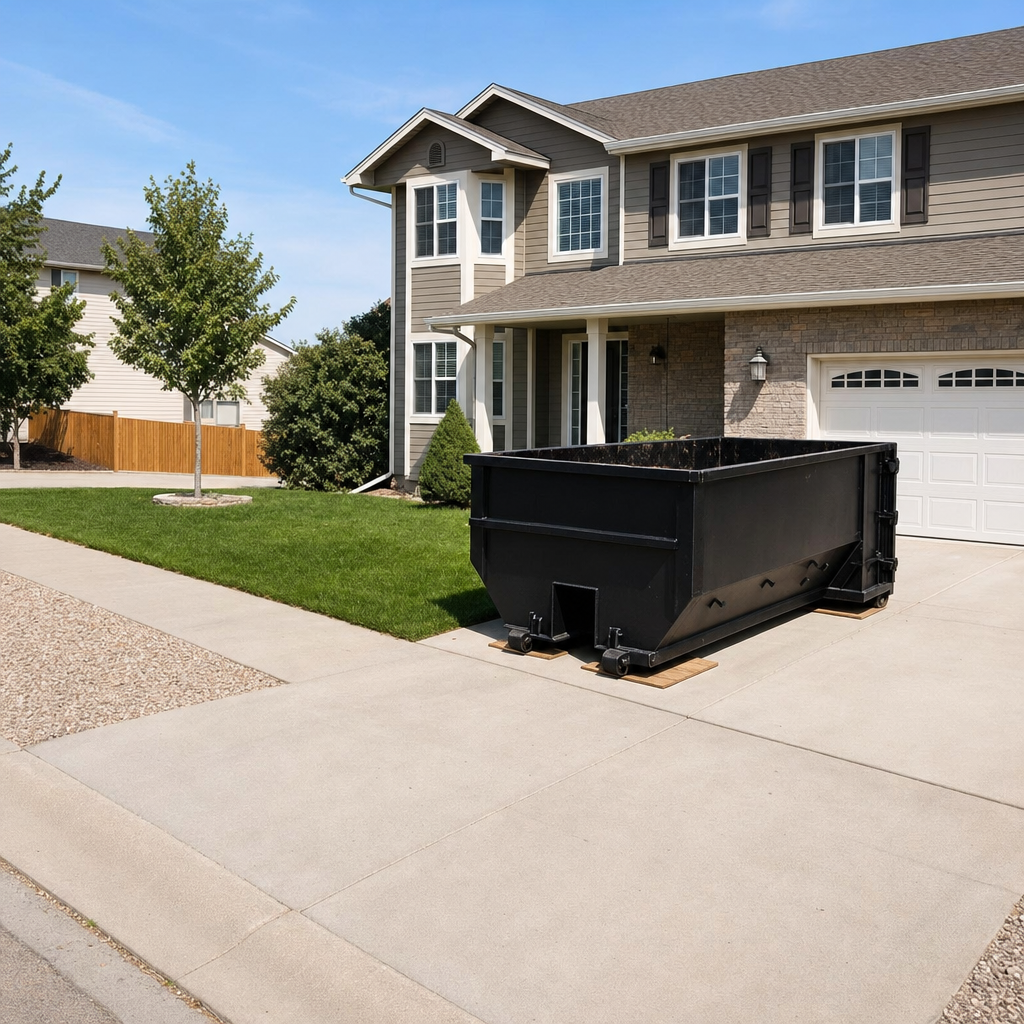 10-yard matte-black residential dumpster placed directly on a narrow Kalamazoo concrete driveway, room remains for a parked sedan beside it, mid-morning natural light