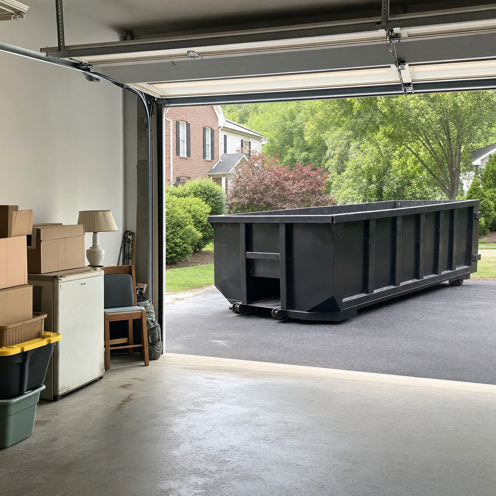 Open garage interior in a Kalamazoo home mid-cleanout — boxed items, an old appliance, and stacked yard tools queued near the driveway for a matte-black roll-off dumpster, organized and calm