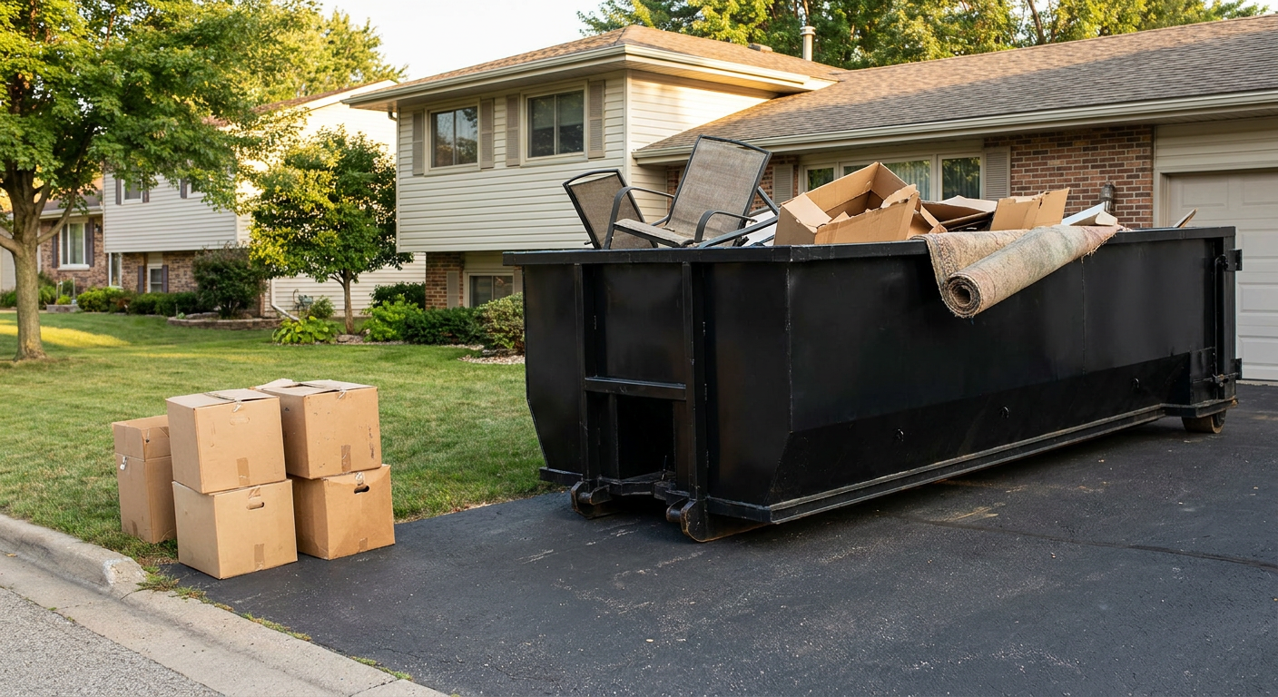 Front-yard view of a Kalamazoo split-level home with a 20-yard matte-black roll-off dumpster sitting directly on the asphalt driveway, a few clearly labeled donation boxes staged at the curb, calm sunny afternoon.