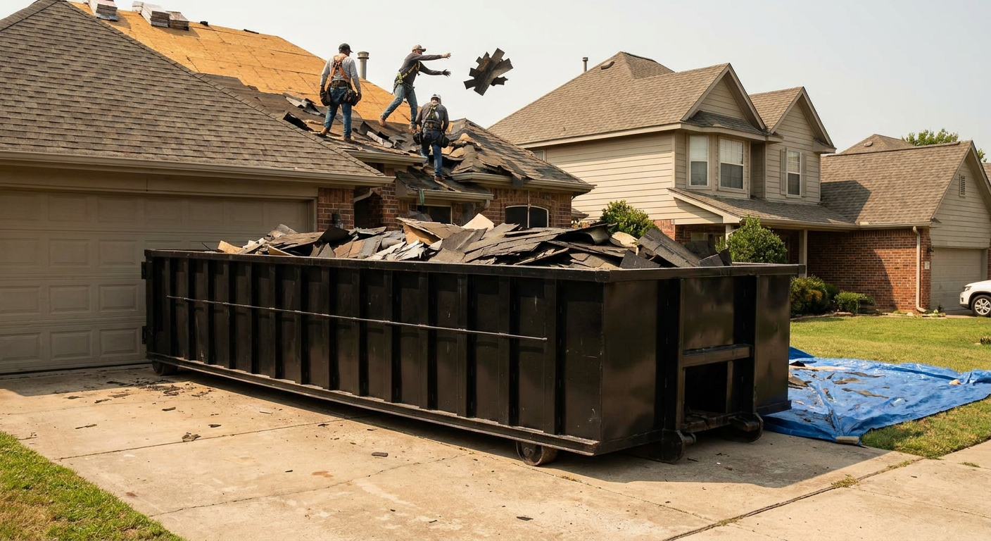 Matte-black roofing roll-off dumpster placed directly on a Kalamazoo residential concrete driveway, a tear-off crew on a two-story asphalt-shingle roof tossing shingle bundles into the low-walled container, bright daylight, documentary 35mm perspective.