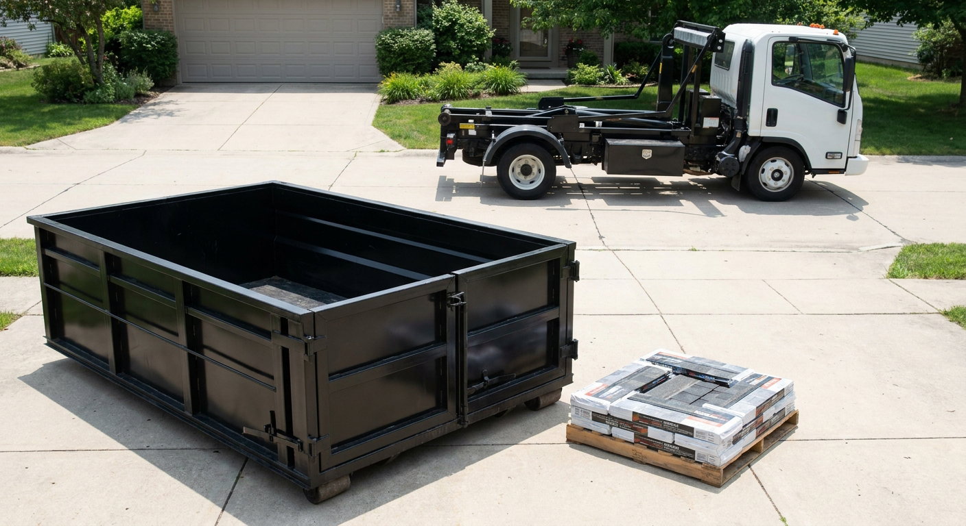 Matte-black 15-yard roofing roll-off dumpster with reinforced low side walls sitting directly on a Kalamazoo residential concrete driveway, three-tab asphalt shingle bundles stacked nearby, an unmarked white hauler truck partially visible at the edge of the frame.