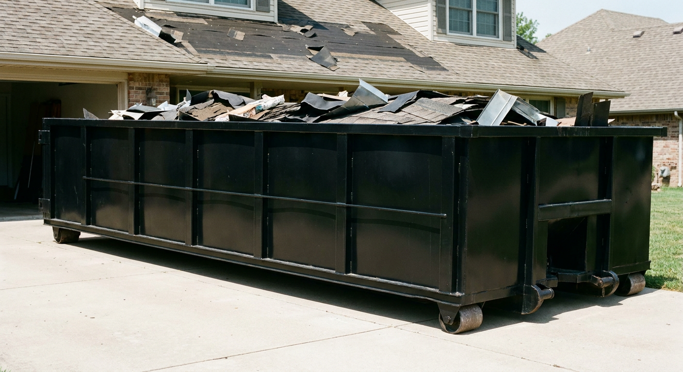 Matte-black 20-yard roofing roll-off dumpster with steel ribbed sides and swinging rear door, sitting directly on the concrete driveway of a two-story Kalamazoo home, asphalt shingle debris being loaded over the low wall, clean documentary lighting.