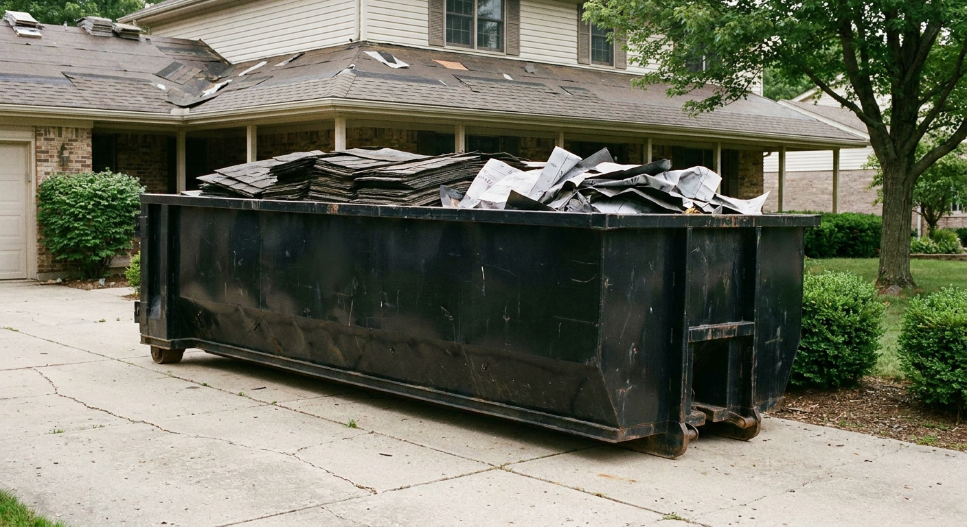 Matte-black 30-yard roofing roll-off dumpster sitting directly on a Kalamazoo concrete driveway, taller ribbed steel side panels, mixed tear-off debris of asphalt shingles and underlayment inside, professional documentary daylight.