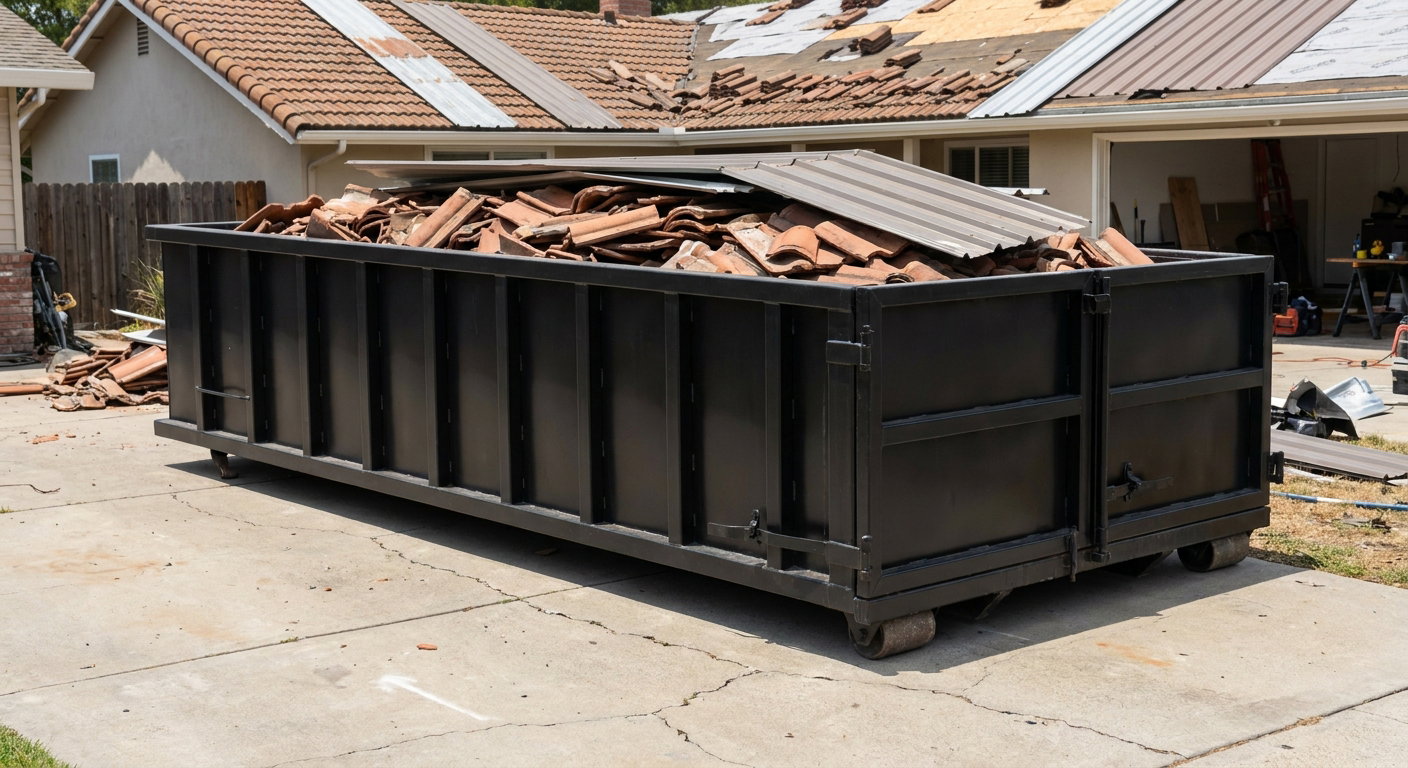 Matte-black low-wall heavy-debris roofing roll-off dumpster sitting directly on a Kalamazoo concrete driveway, broken concrete clay roof tiles and metal panel sections loaded inside, reinforced ribbed steel side walls visible, bright outdoor daylight.
