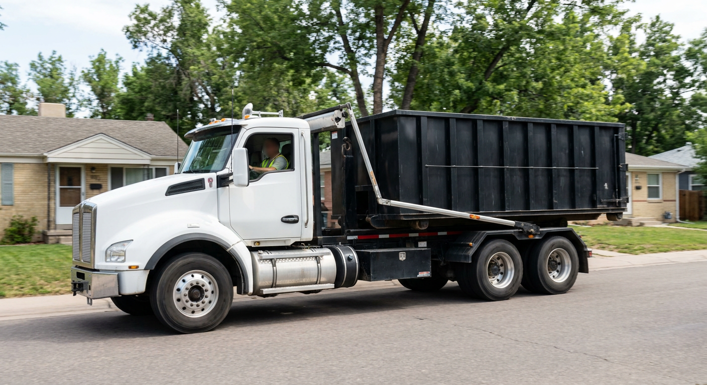 A wide documentary shot of a matte-black roll-off delivery truck pulling onto a quiet Kalamazoo residential street at mid-morning, with neighborhood rooftops and tree-lined blocks visible behind, showing the metro coverage footprint.