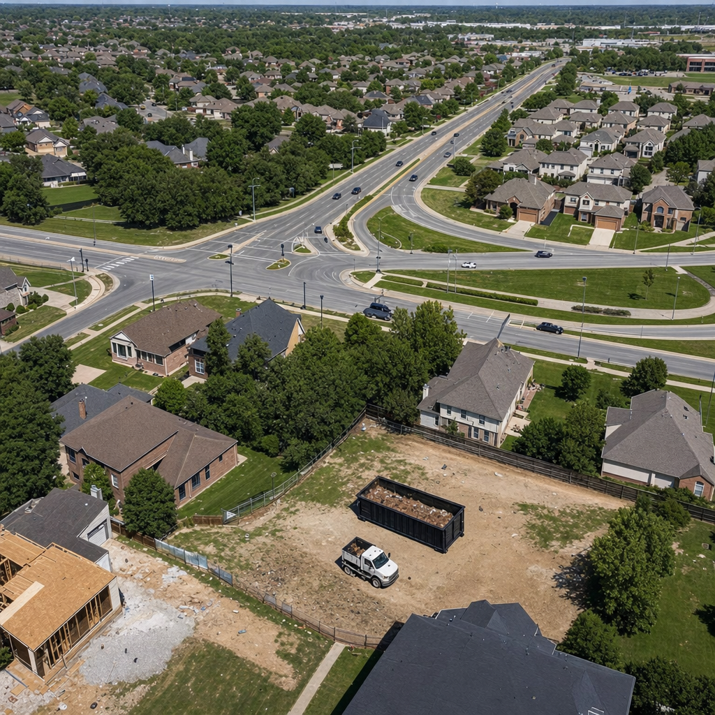 An overhead documentary view of the Kalamazoo metro area at midday, showing the spread of neighborhoods, arterial roads, and the dispatch radius from a central yard — clean daylight, organized geographic layout.