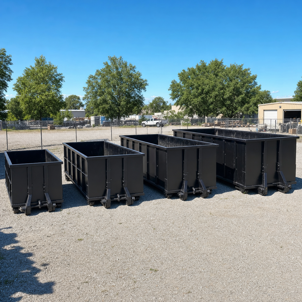 A clean lineup of matte-black roll-off dumpsters in 10, 20, 30, and 40-yard sizes staged on a sunlit gravel yard in Kalamazoo, showing the size progression from compact to commercial-scale containers.