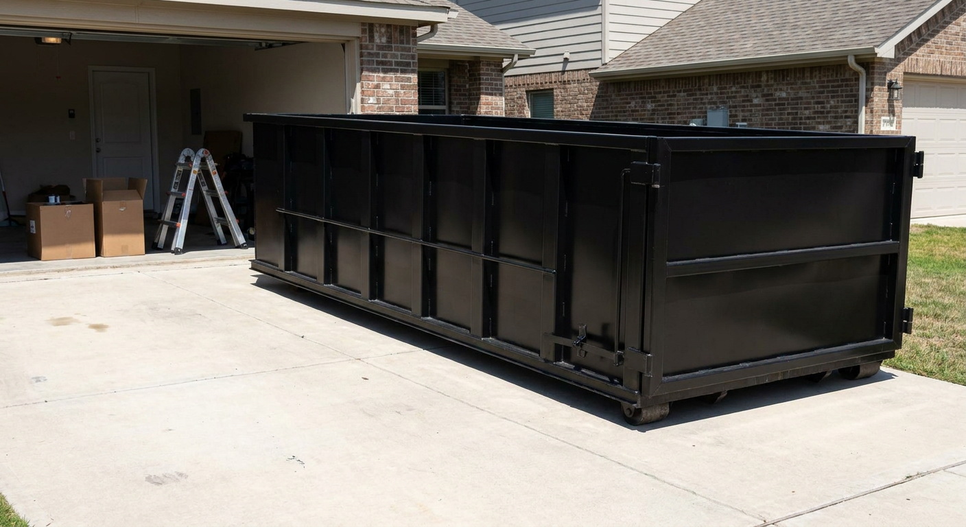 A matte-black 10-yard roll-off dumpster sitting directly on a residential Kalamazoo concrete driveway, mid-day sunlight, clean and ready for a garage cleanout.