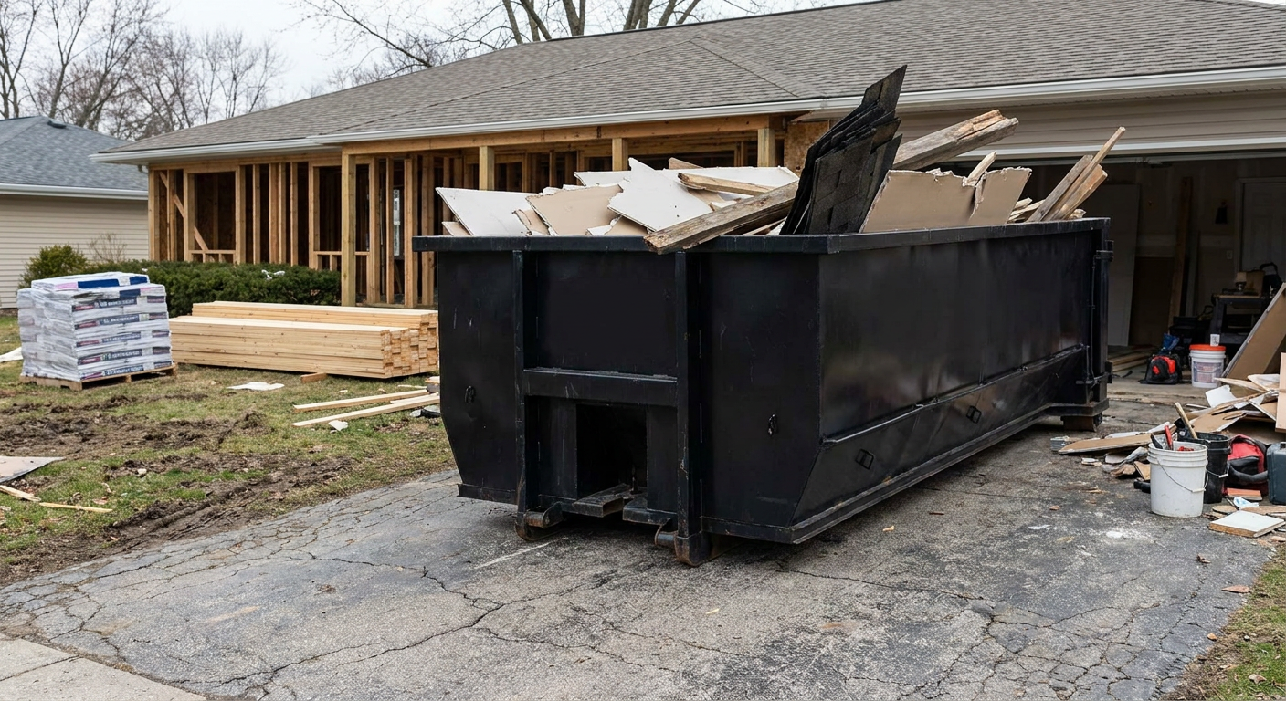 A matte-black 20-yard roll-off dumpster placed alongside a mid-renovation Kalamazoo home directly on the asphalt driveway, with framing materials and torn-off shingles staged neatly nearby.