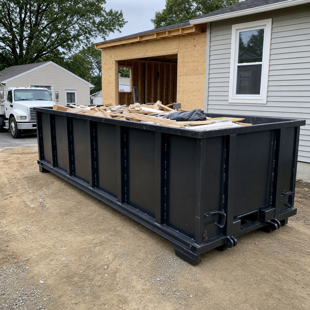 A matte-black 30-yard roll-off dumpster positioned at a Kalamazoo residential addition jobsite, with framing lumber and drywall scraps loaded through the open swinging rear doors.