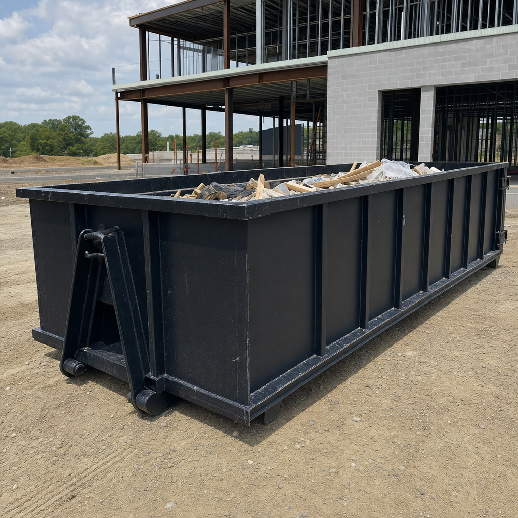 A matte-black 40-yard roll-off dumpster staged on a large Kalamazoo commercial construction lot, with a hooklift delivery truck parked alongside under bright midday sky.