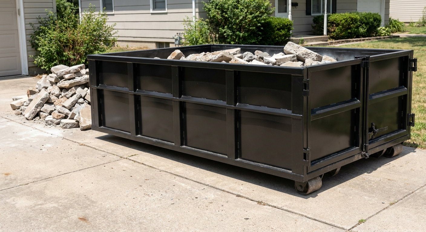 A matte-black low-side heavy-debris roll-off dumpster placed directly on a Kalamazoo concrete driveway, with broken concrete chunks neatly stacked beside it under clean daylight.